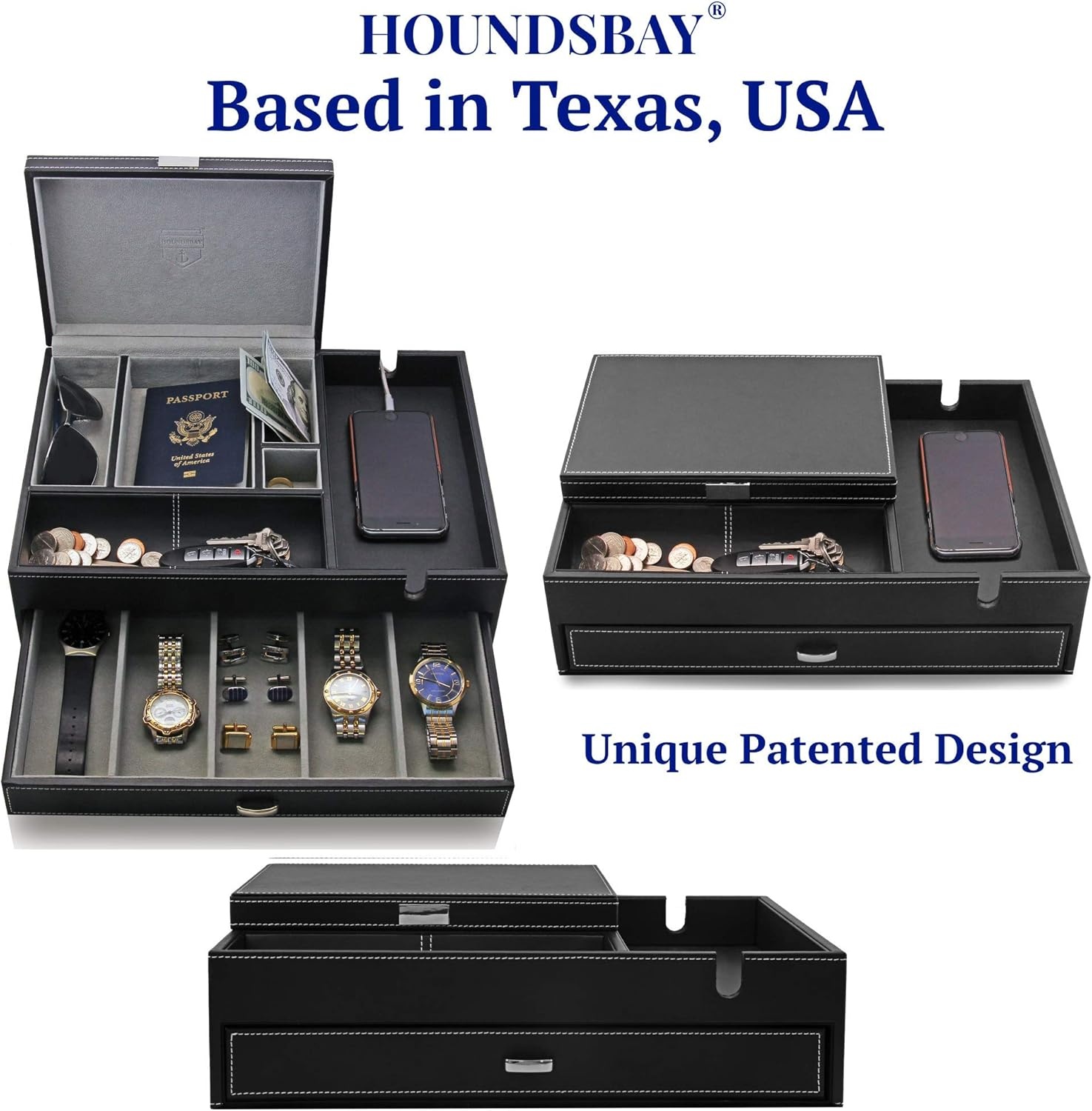 image:imageHOUNDSBAY Admiral Dresser Valet Box amp Mens Jewelry Box Organizer with Large Smartphone Charging Station GreyGrey