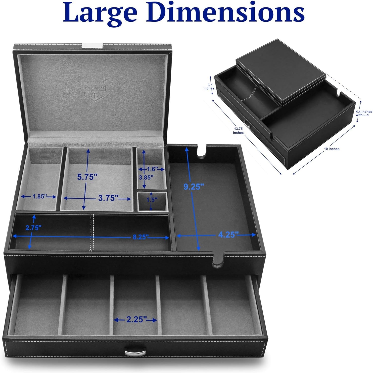 image:imageHOUNDSBAY Admiral Dresser Valet Box amp Mens Jewelry Box Organizer with Large Smartphone Charging Station GreyGrey