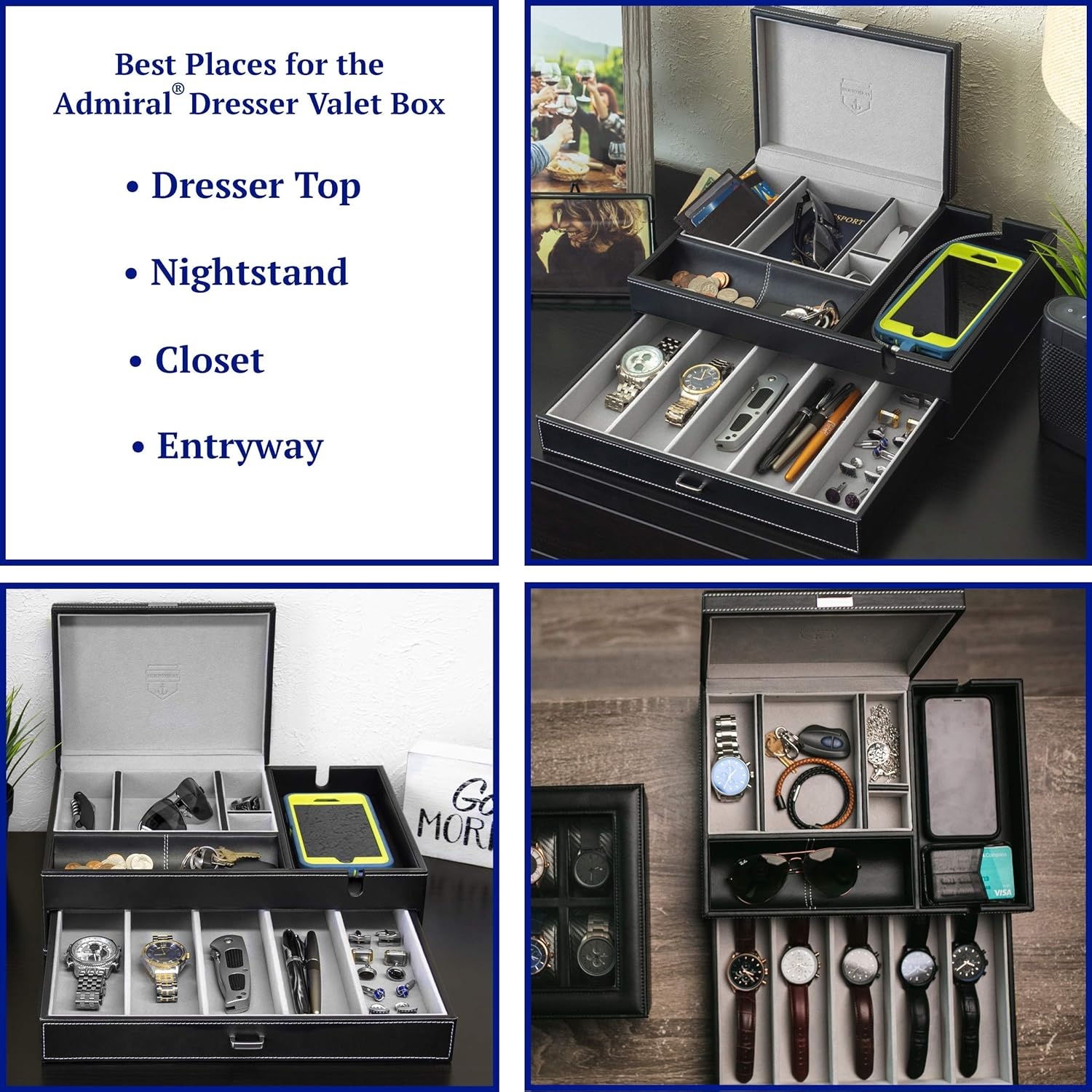 image:imageHOUNDSBAY Admiral Dresser Valet Box amp Mens Jewelry Box Organizer with Large Smartphone Charging Station GreyGrey