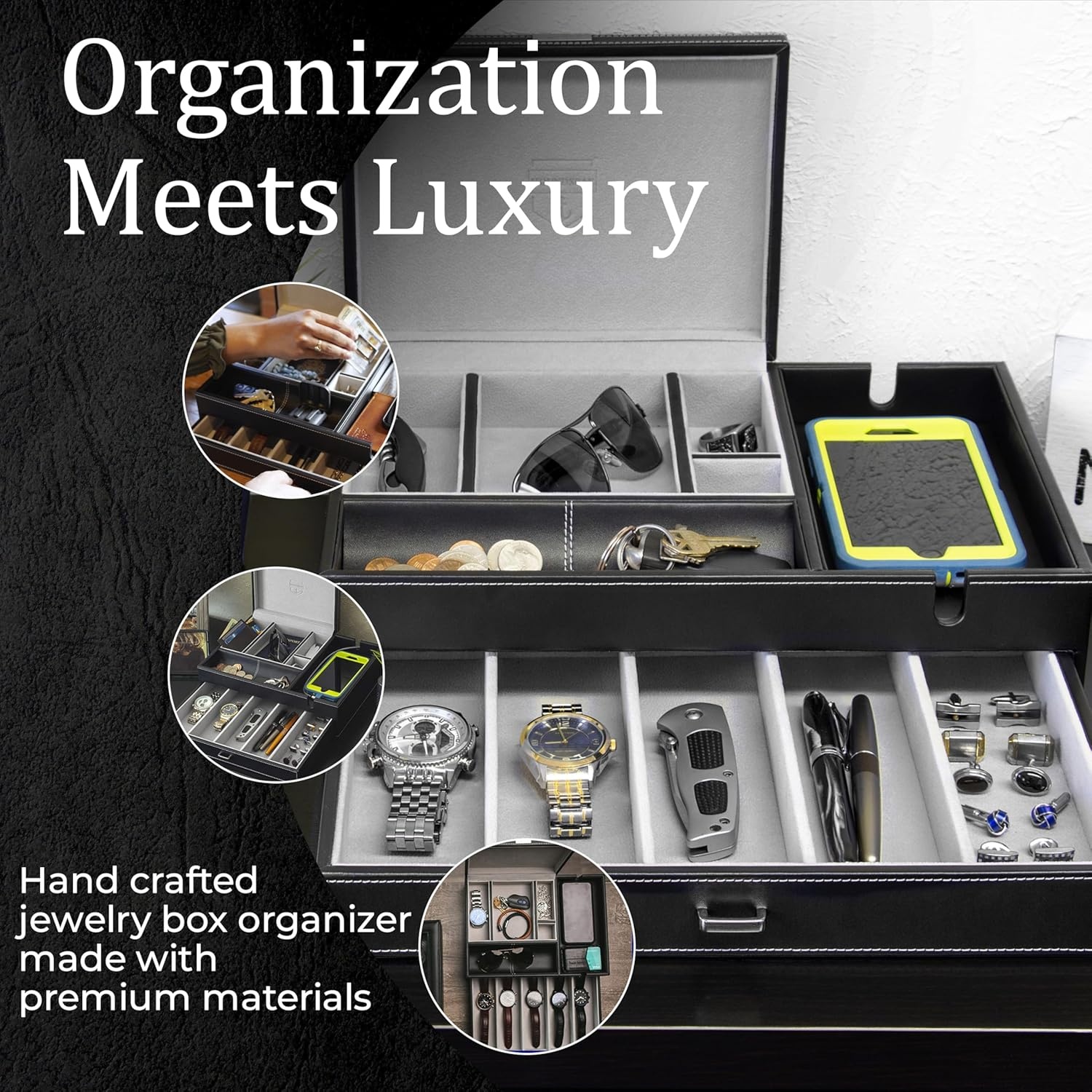 image:imageHOUNDSBAY Admiral Dresser Valet Box amp Mens Jewelry Box Organizer with Large Smartphone Charging Station GreyGrey