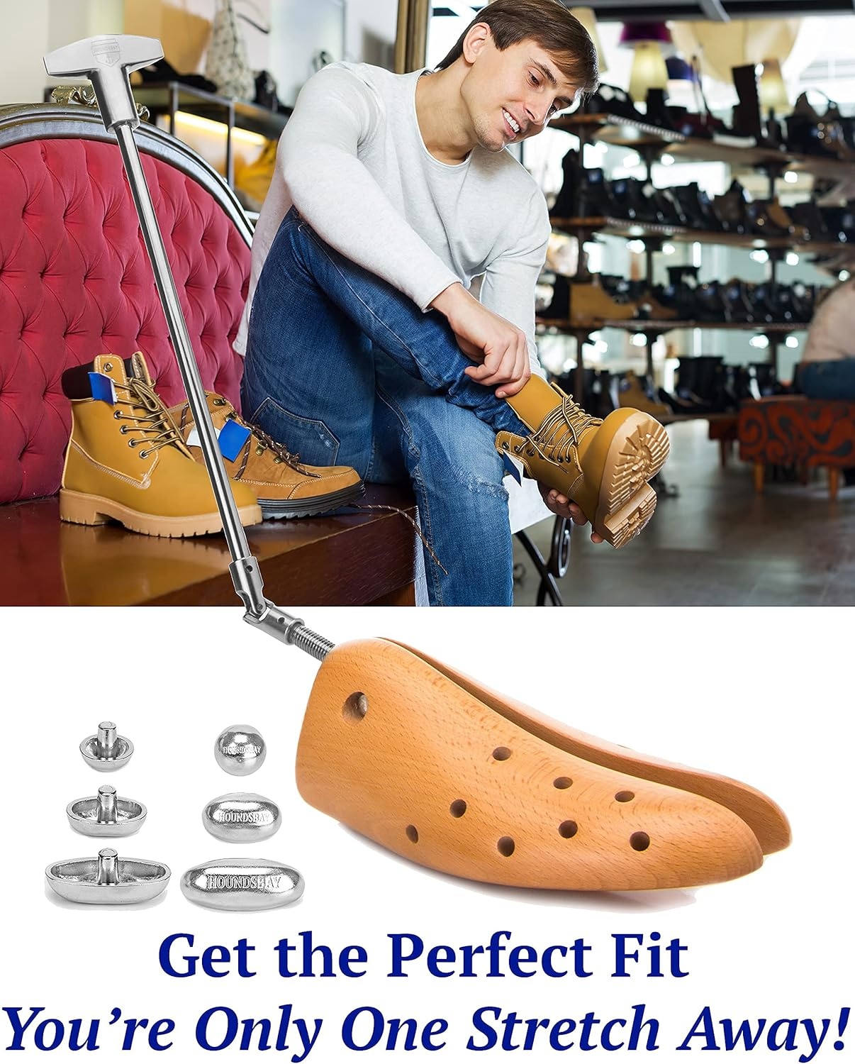 image:imageHOUNDSBAY Boot Stretchers Plastic amp Wooden Adjustable Boot Widener Expander Boot Tree for Men and WomenPremium Small for Men Size 6595