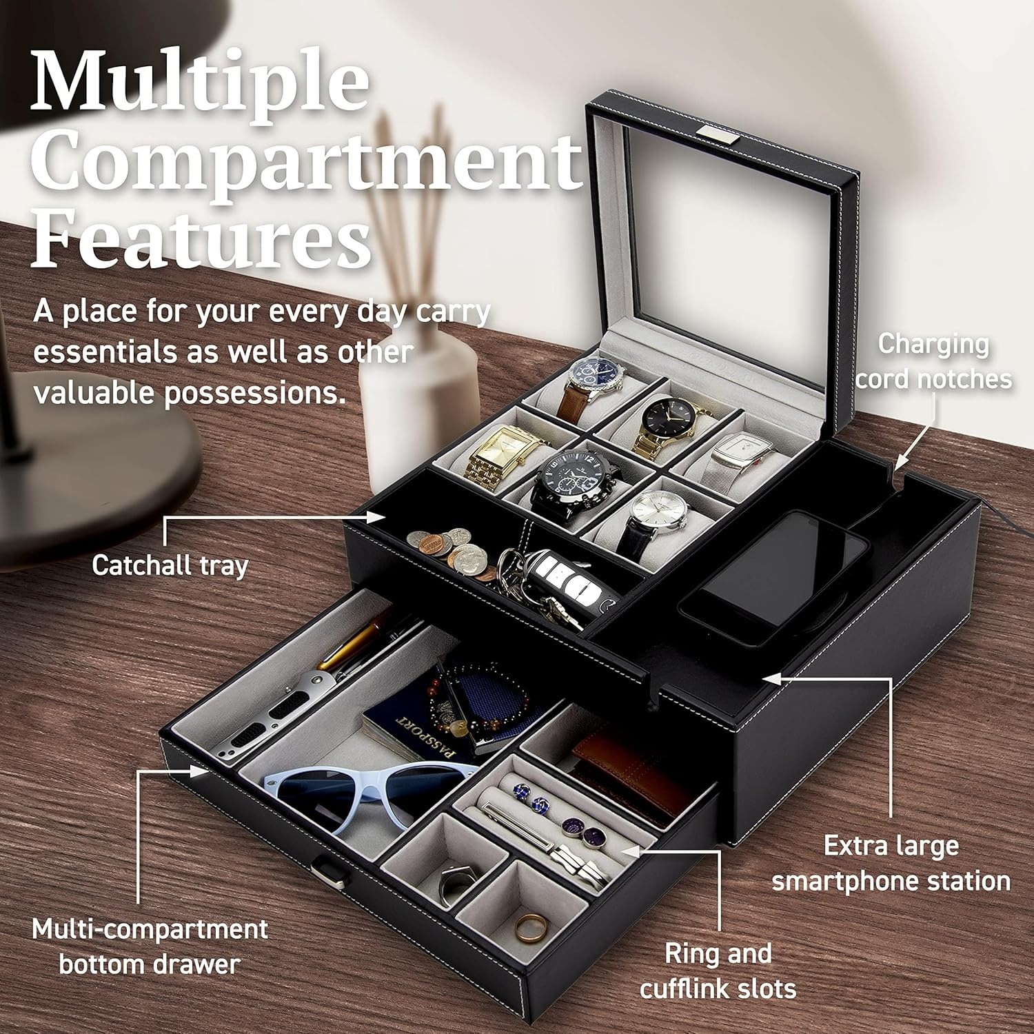 image:imageHOUNDSBAY Commander Dresser Valet Watch Box Case Camo Gifts for Men Mens Jewelry Box OrganizerBlack Woodland Camo