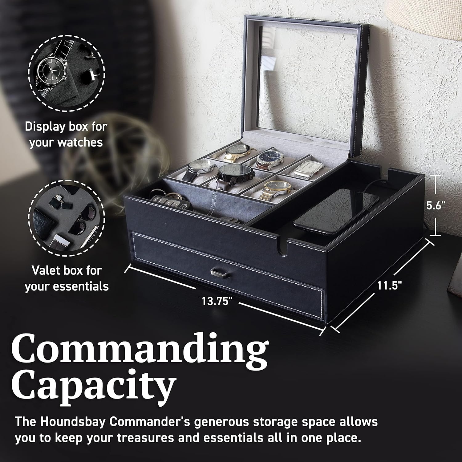 image:imageHOUNDSBAY Commander Dresser Valet Watch Box Case Camo Gifts for Men Mens Jewelry Box OrganizerBlack Woodland Camo