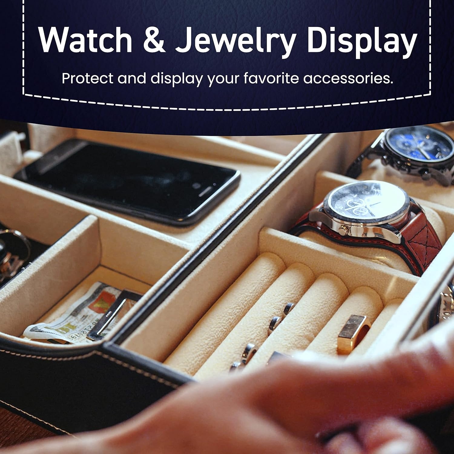 image:imageHOUNDSBAY Navigator Large Dresser Valet Tray amp Mens Jewelry Box Organizer Watch Box Organizer for Men with Angled Charging Station IvoryIvory