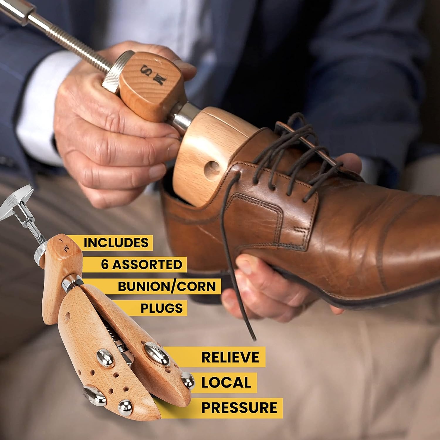 image:imageHOUNDSBAY Plastic amp Wooden Shoe Stretchers Adjustable Shoe Widener Expander for Men and WomenPremium XL for Men Size 145155 Natural