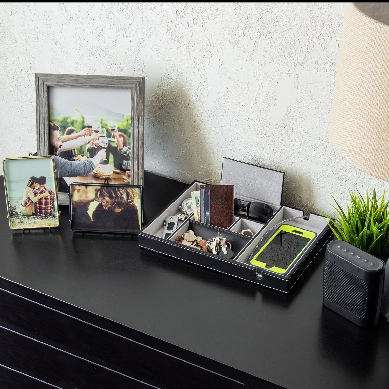 image:imageHOUNDSBAY Victory Valet Tray for Men Camo Gifts for Men Handmade PU Leather EDC Tray Scratch Resistant Nightstand Organizer Black Woodland CamoBlack Woodland Camo
