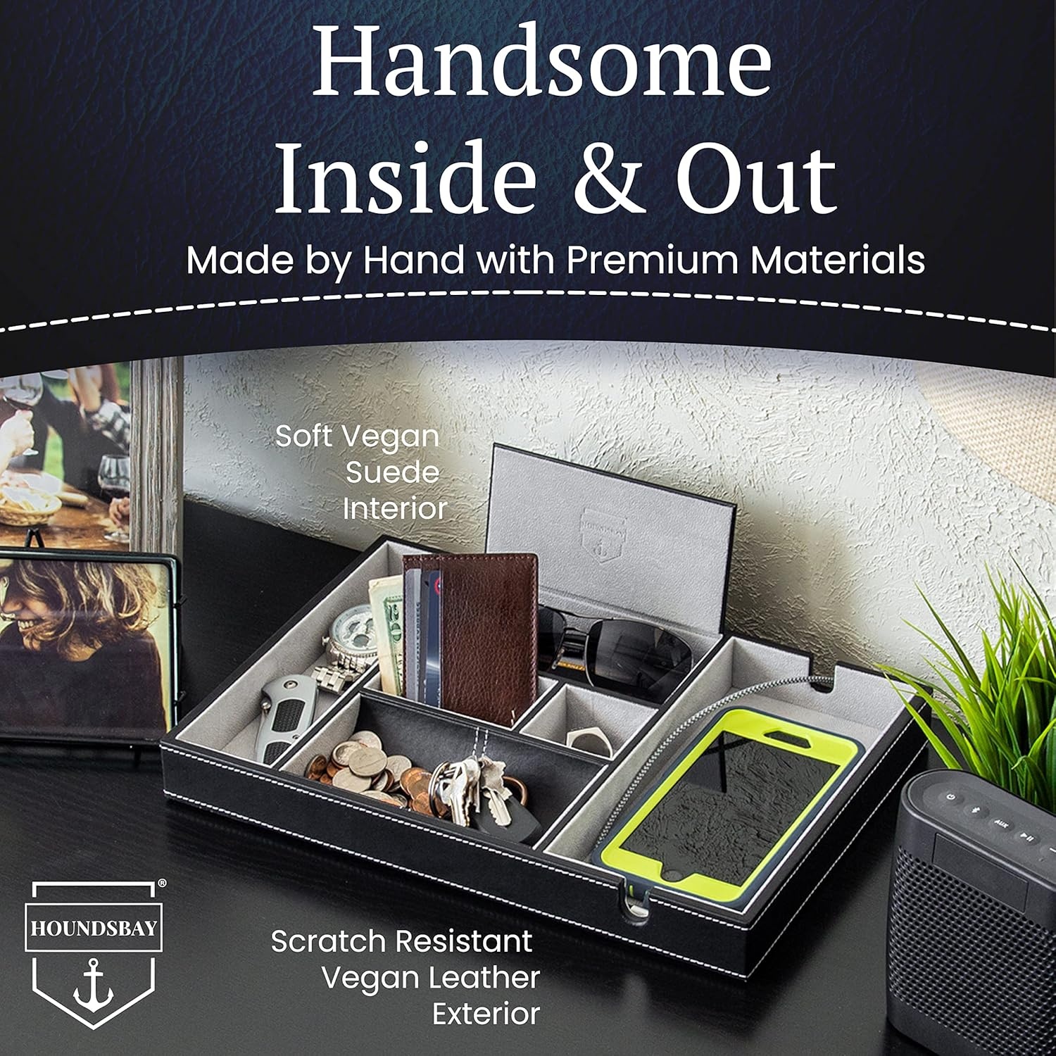 image:imageHOUNDSBAY Victory Valet Tray for Men Camo Gifts for Men Handmade PU Leather EDC Tray Scratch Resistant Nightstand Organizer Black Woodland CamoBlack Woodland Camo