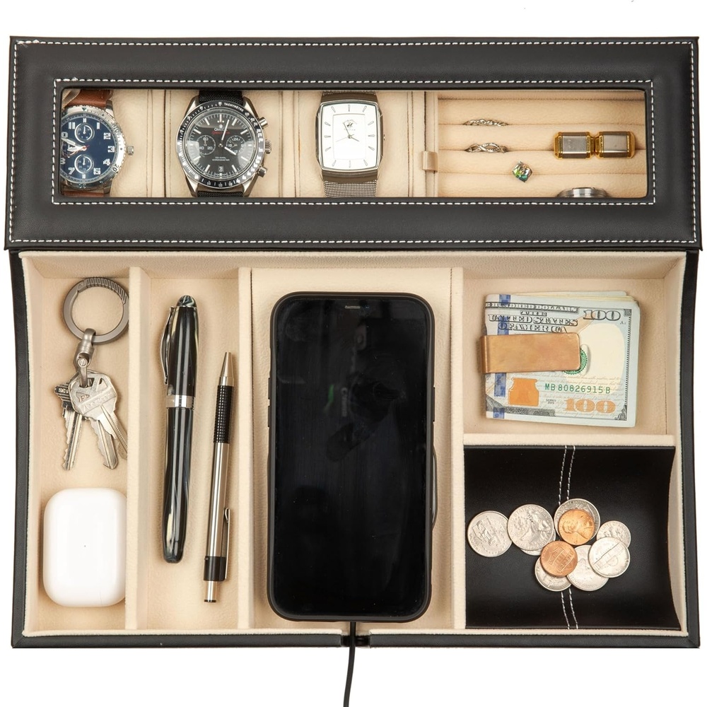 image:imageHOUNDSBAY Navigator Large Dresser Valet Tray amp Mens Jewelry Box Organizer Watch Box Organizer for Men with Angled Charging Station IvoryIvory