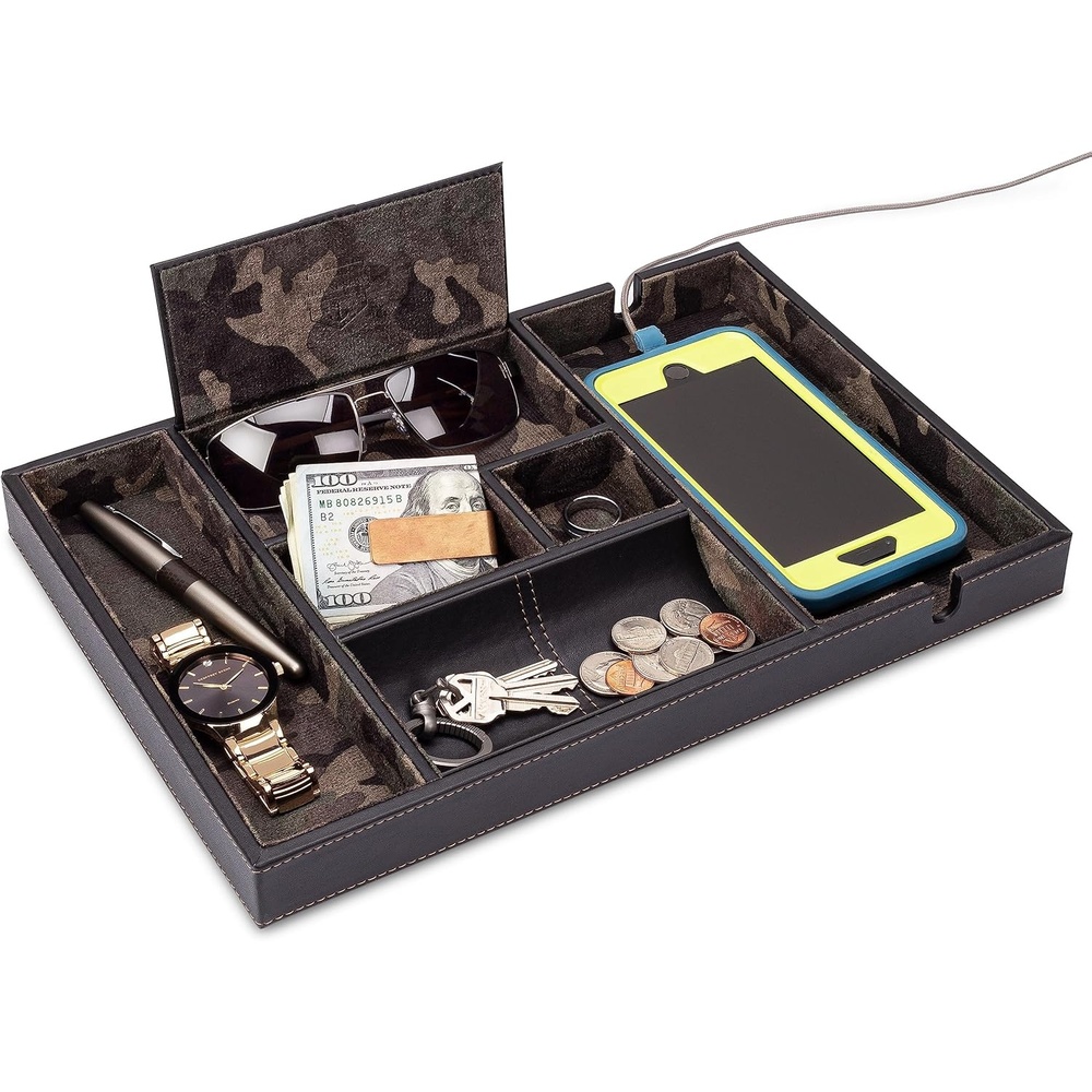 image:imageHOUNDSBAY Victory Valet Tray for Men Camo Gifts for Men Handmade PU Leather EDC Tray Scratch Resistant Nightstand Organizer Black Woodland CamoBlack Woodland Camo