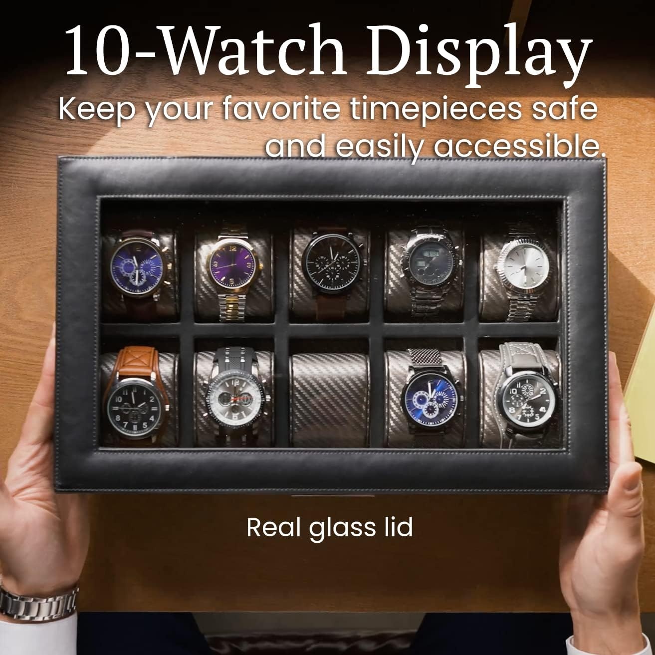 image:imageHOUNDSBAY Yachtsman Large Watch Box Jewelry Organizer for Men Camo Gifts for Men Jewelry Box Organizer Watch Display amp EDC Storage Drawer Watch CaseClassic Black Carbon Fiber