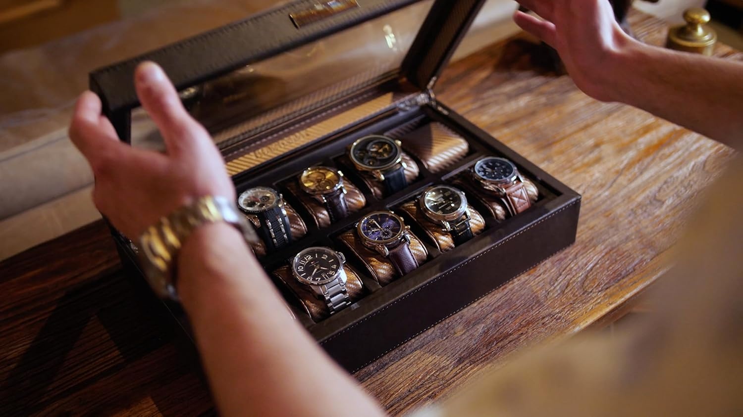 image:imageHOUNDSBAY Yachtsman Large Watch Box Jewelry Organizer for Men Camo Gifts for Men Jewelry Box Organizer Watch Display amp EDC Storage Drawer Watch CaseClassic Black Carbon Fiber