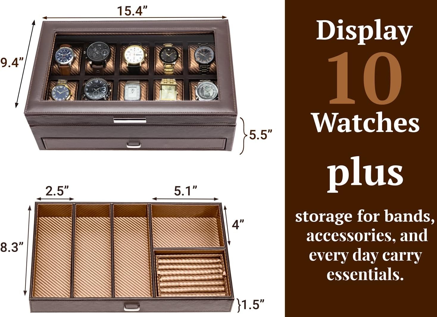 image:imageHOUNDSBAY Yachtsman Large Watch Box Jewelry Organizer for Men Camo Gifts for Men Jewelry Box Organizer Watch Display amp EDC Storage Drawer Watch CaseDark Brown
