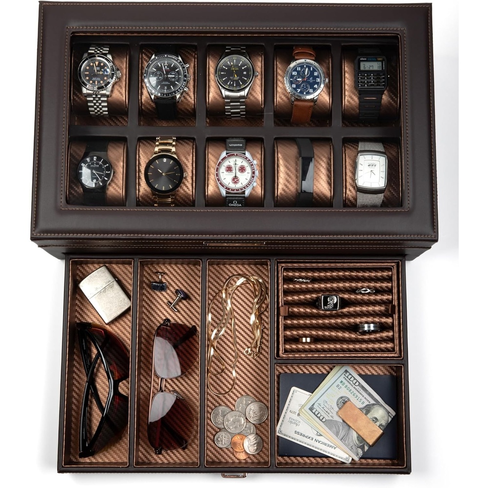 image:imageHOUNDSBAY Yachtsman Large Watch Box Jewelry Organizer for Men Camo Gifts for Men Jewelry Box Organizer Watch Display amp EDC Storage Drawer Watch CaseDark Brown