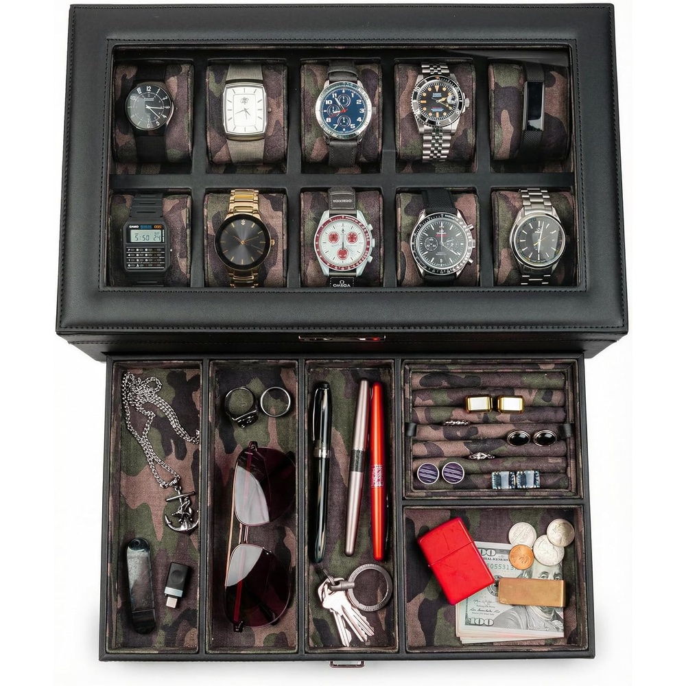 image:imageHOUNDSBAY Yachtsman Large Watch Box Jewelry Organizer for Men Camo Gifts for Men Jewelry Box Organizer Watch Display amp EDC Storage Drawer Watch CaseBlack Woodland Camo
